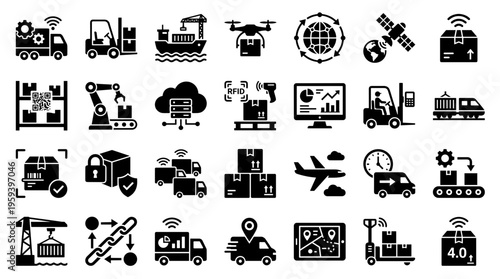 Modern logistics and supply chain icons representing smart industry 4.0 technology and global distribution networks