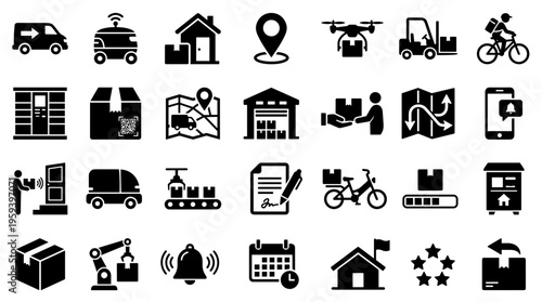 Modern logistics and delivery service icons representing shipping, transportation, and supply chain management with technology and automation