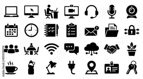 Collection of modern flat icons representing office work technology communication and business concepts on a white background
