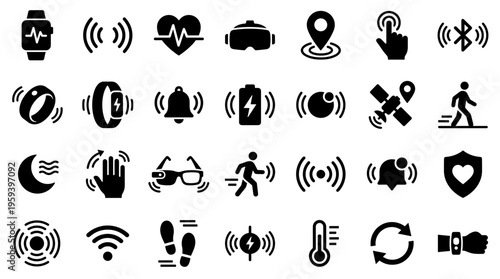 Collection of modern technology icons representing smart devices wearable gadgets and digital connectivity for health fitness and communication concepts