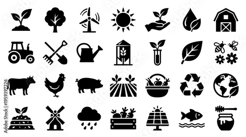Set of agricultural icons representing farming, nature, and sustainable practices