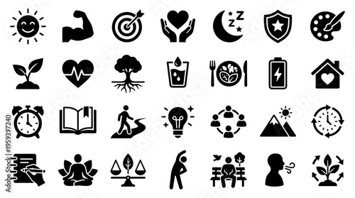 Collection of icons representing healthy lifestyle elements including fitness, wellness, nature, and personal growth concepts