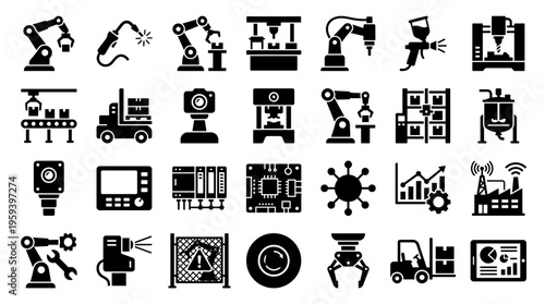 Industrial automation icons set with robots machinery and manufacturing equipment for smart factory and technology concepts