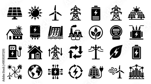 Collection of renewable energy and sustainable technology icons representing green power sources and eco friendly solutions for a cleaner planet