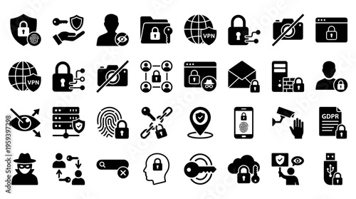 Cybersecurity and data protection icons representing digital security privacy and network safety concepts