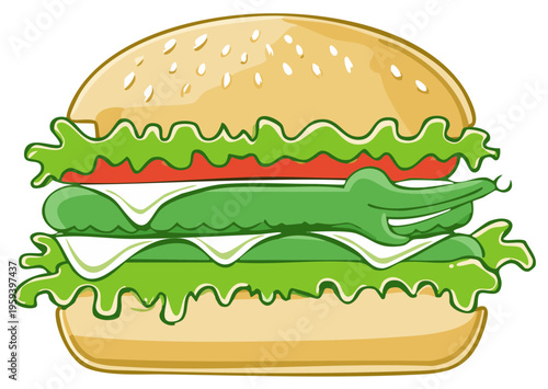 Whimsical Cartoon Burger with Crocodile-Shaped Patty and Lettuce
