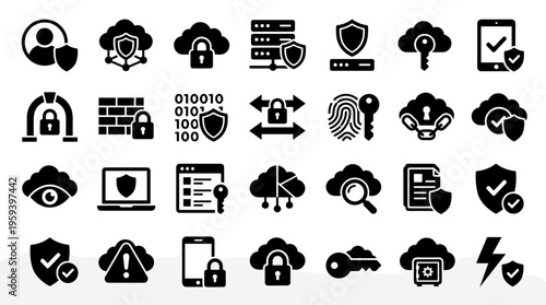 Cybersecurity icons collection representing digital security concepts like data protection cloud access and network defense with shield and lock symbols