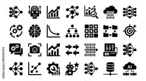 Collection of AI and machine learning icons representing data analysis technology and artificial intelligence concepts