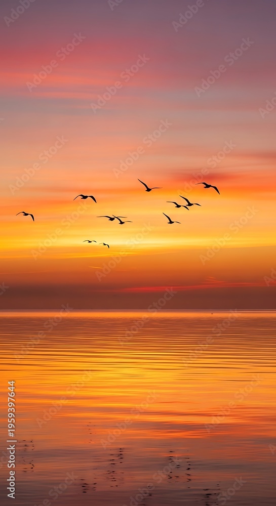 Obraz premium Birds flying over serene sunset ocean.