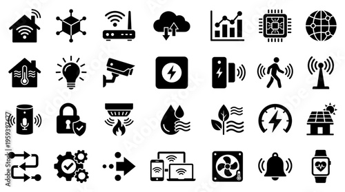 Smart Home Technology Icons Set Representing Internet of Things Connected Devices and Automation for Modern Living