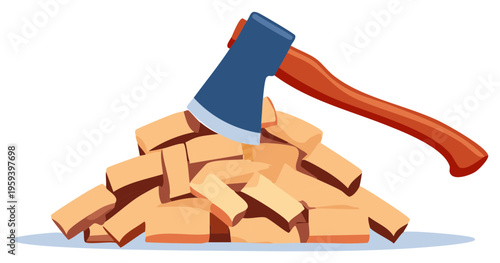 Illustration of an axe resting on a pile of firewood