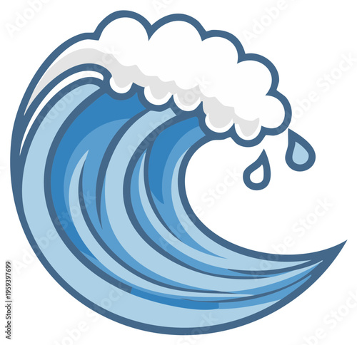 Curving ocean wave with sea foam crest illustration, stylized depiction of water