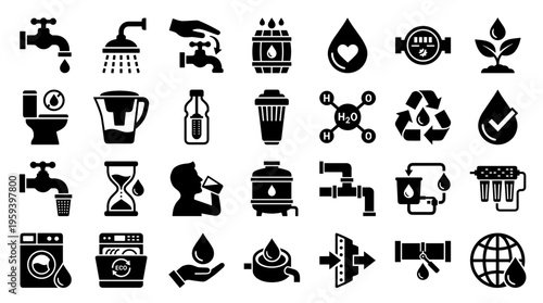 Water conservation and usage icons representing clean water supply, filtration, recycling, and saving resources for a sustainable future