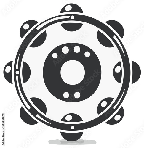 Illustration of a tambourine musical instrument in black and white.
