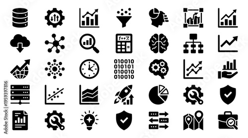 Collection of modern flat icons representing data analysis business strategy technology and digital information with charts graphs and gears