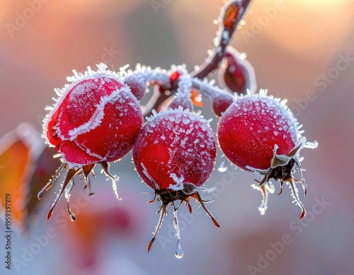 Close-up macro shot of frosty red rose hips on a winter morning.