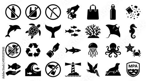 Ocean conservation icons and symbols for marine life protection and plastic pollution awareness