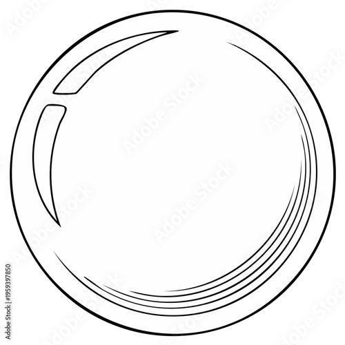 Line drawing illustration of abstract, spherical glass orb with light reflection and refraction details