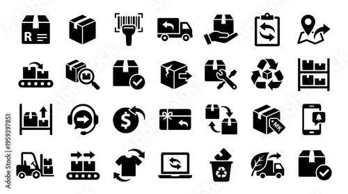 Logistics and delivery icons set representing shipping, warehousing, tracking, and supply chain management services
