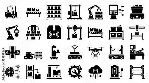 Modern industry automation icons representing smart factory logistics robotics and artificial intelligence concepts for digital transformation and innovation