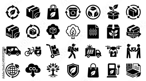 Eco friendly logistics and delivery icons representing sustainable business practices and environmental care in shipping and transport