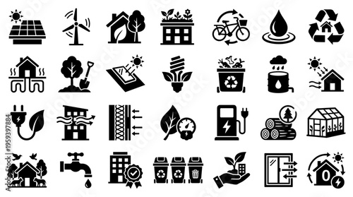 Eco friendly living and sustainable energy solutions icons representing green technology and environmental protection for a better planet