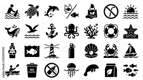 Collection of marine life and environmental protection icons representing ocean conservation and pollution awareness