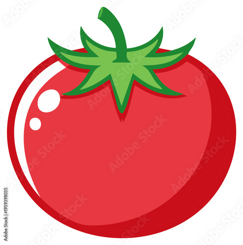 Cartoon illustration of a red tomato with green stem and leaves, isolated.