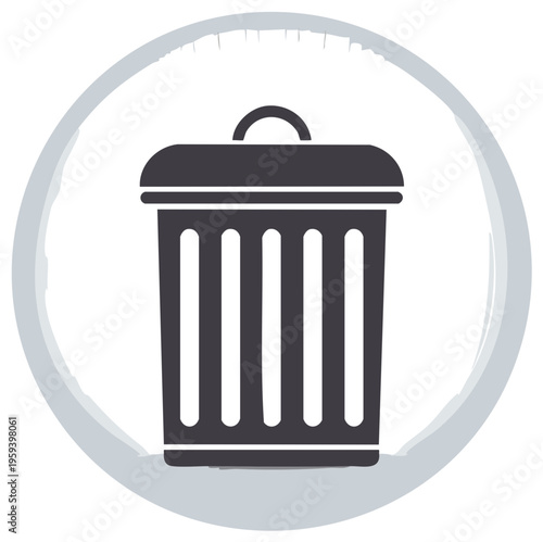 Flat design waste container icon inside a gray circle symbolizing delete or discard