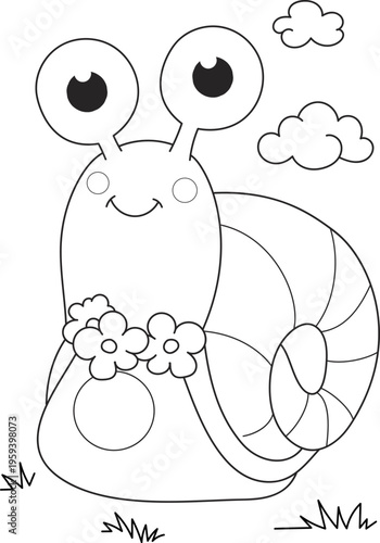 Coloring page outline of the cartoon smiling cute snail. Colorful vector illustration, summer coloring book for kids.