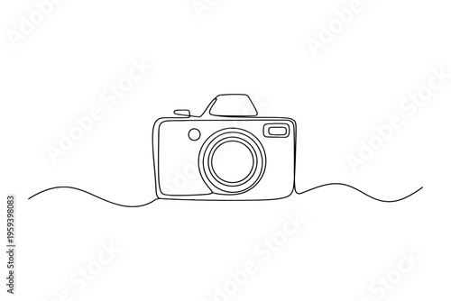 Black and white line of a camera on a wavy line black and white minimalist artistic technology