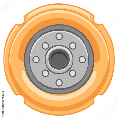 Cartoon illustration of an orange and grey wheel on a white background