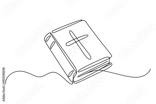 Black and white line of a closed book with a cross on the cover line cross religious bible simple