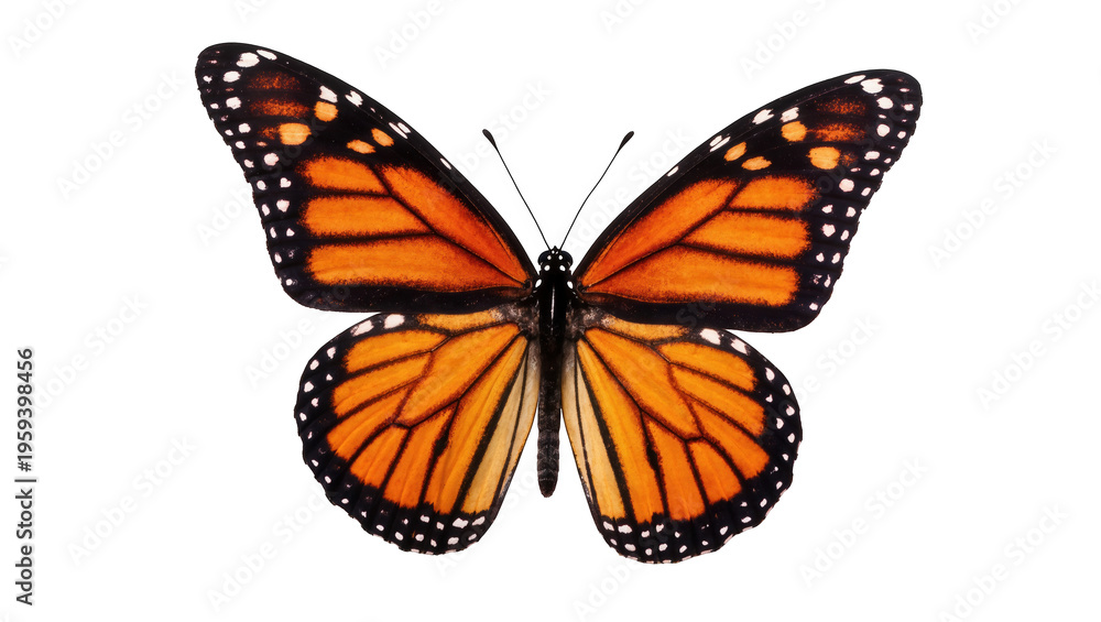 Fototapeta premium Beautiful monarch butterfly with elegant orange and black wings spread wide, captured from above