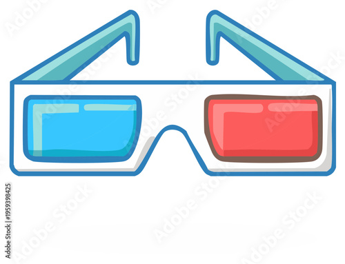 Whimsical 3D glasses, blue and red lenses, cartoon drawing vector illustration of entertainment equipment