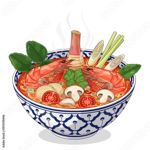 Tom Yum Goong Soup Illustration with Shrimp, Mushrooms, Tomatoes, and Lemongrass