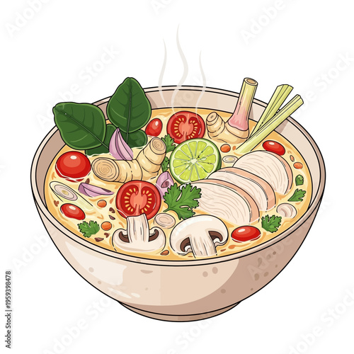 Tom Yum Soup with Chicken and Mushrooms, Asian Cuisine, Delicious Food Illustration