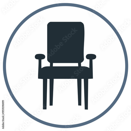 Isolated chair icon with armrests inside a circle. Simple furniture, home, office interior object graphic.