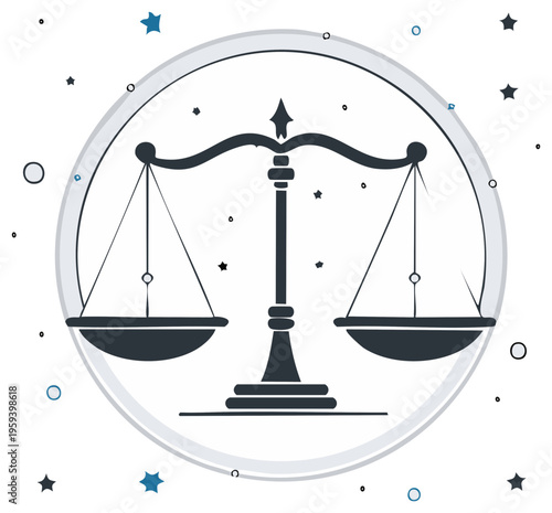 Balance scales icon vector illustration. Law legal justice graphic element with neutral background and stars.