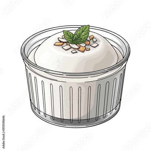 Creamy dessert in plastic cup with mint and nuts