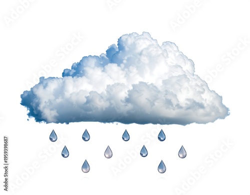 A fluffy, white cloud with shades of blue lets out clear raindrops against a plain white background, symbolizing rain