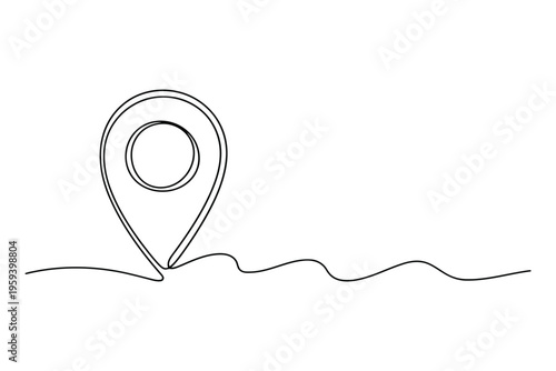 Black and white line of a location pin on a horizontal line black and white marker geolocation