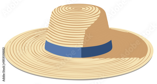 Vector illustration of a classic straw boater hat with a wide brim and blue ribbon