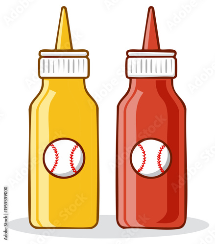 Illustration of baseball ketchup and mustard bottles with baseball logos