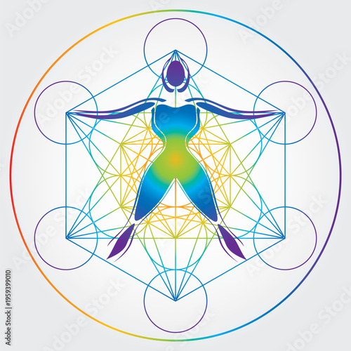 Cube de Métatron et Corps Humain Illustration Couleurs Arc-en-Ciel Spectre Géométrie sacrée Symbole Vecteur Design Cercle Spiritualité Univers Mandala Étoile
