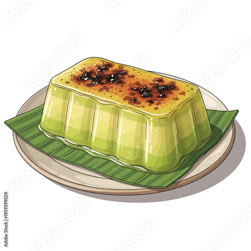 Green dessert on banana leaf and plate, creme brulee style