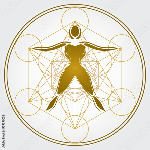 Cube de Métatron et Corps Humain Illustration Couleurs Doré Or Géométrie sacrée Symbole Vecteur Design Cercle Spiritualité Univers Mandala Étoile