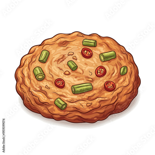 Hand-drawn savory pancake with spring onions and cherry tomatoes