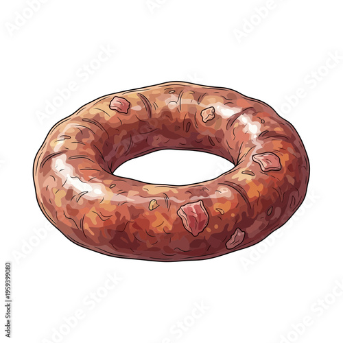 Hand-drawn illustration of a single, glazed donut with bacon bits on a white background.