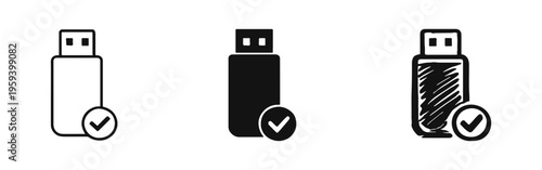 USB Flash Drive Data Saved and Secure Icon Set.